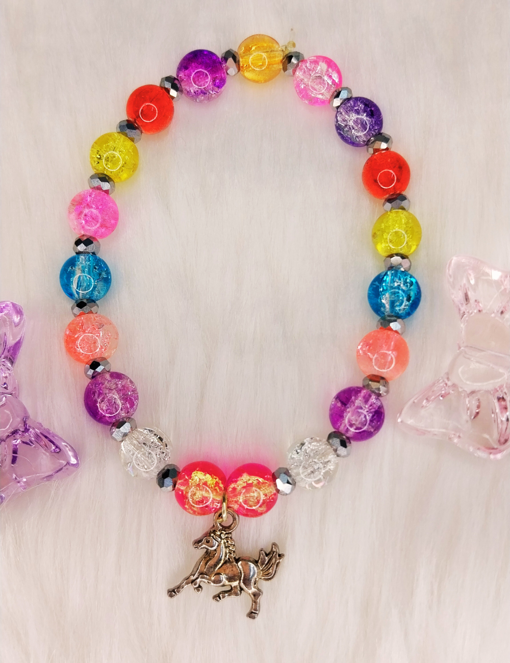 Horse Charm - Multicolor Crackle Bead Bracelet – Girls (15+Yrs)